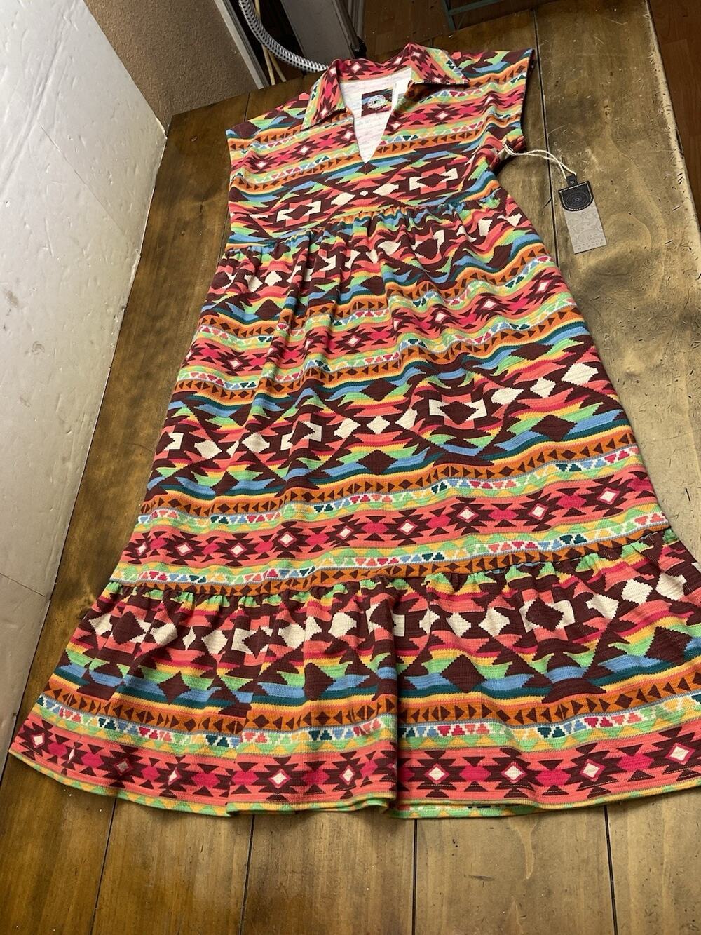 DOUBLE D RANCH Saddle Up Serape Ruffle Dress X Small NWT